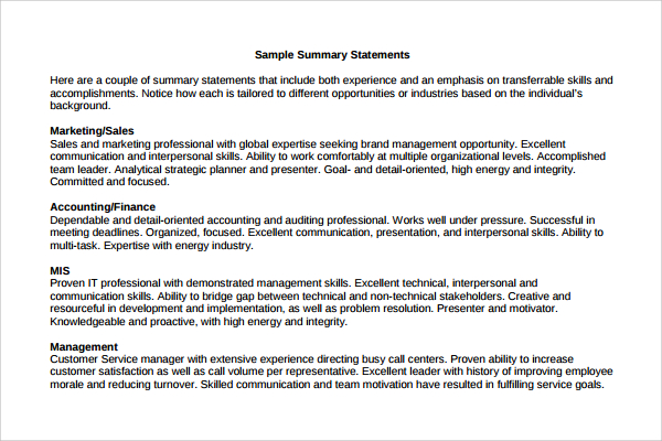 sample summary statement1