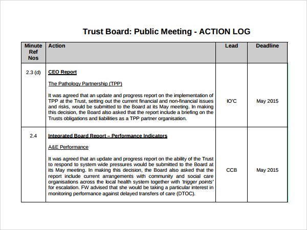 meeting action log template