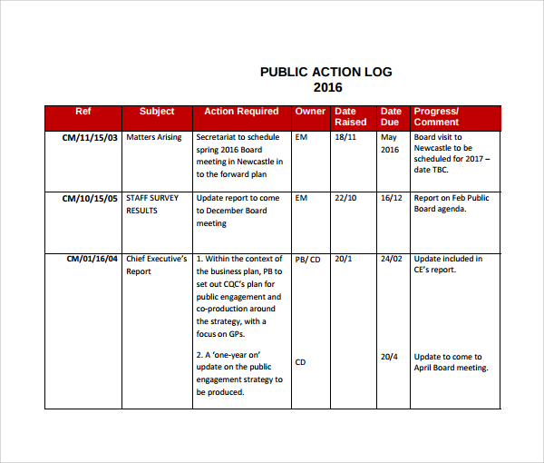 project management action log template excel