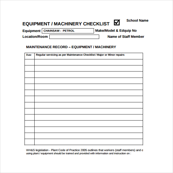 machinery maintenance log template