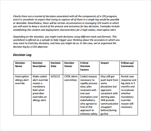 decision log pdf