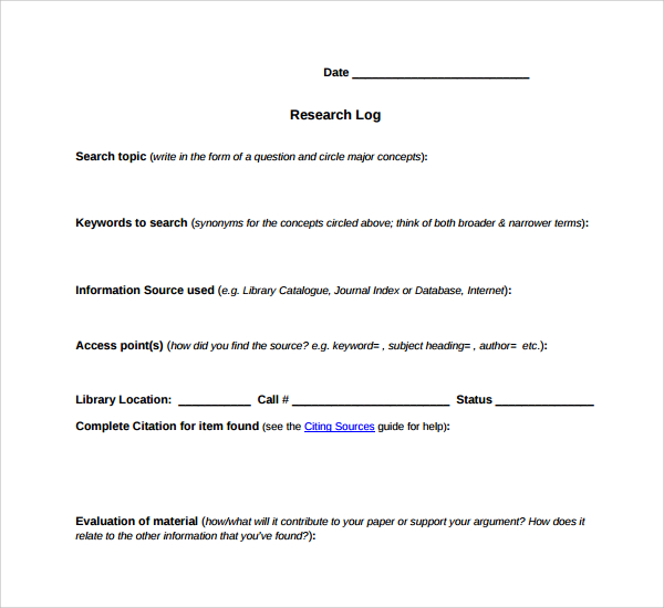 example of research log template