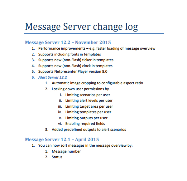 server change log template