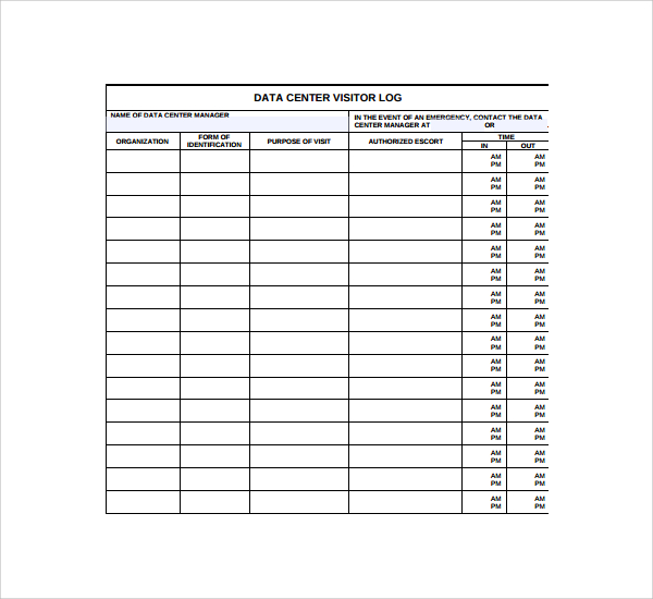 data centre visitor log template