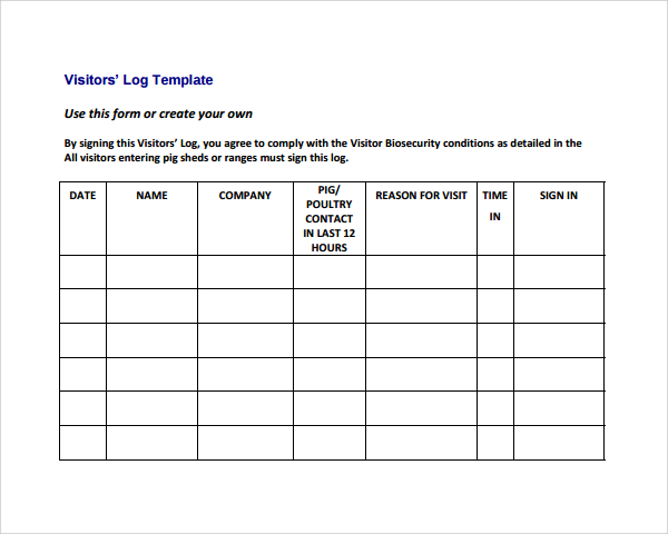 Visitor Log Template Excel