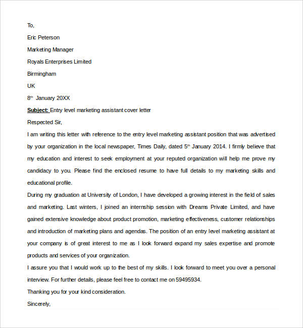 brand marketing assistant cover letter