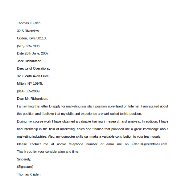 Free 8 Sample Marketing Assistant Cover Letter Templates In Pdf Ms Word