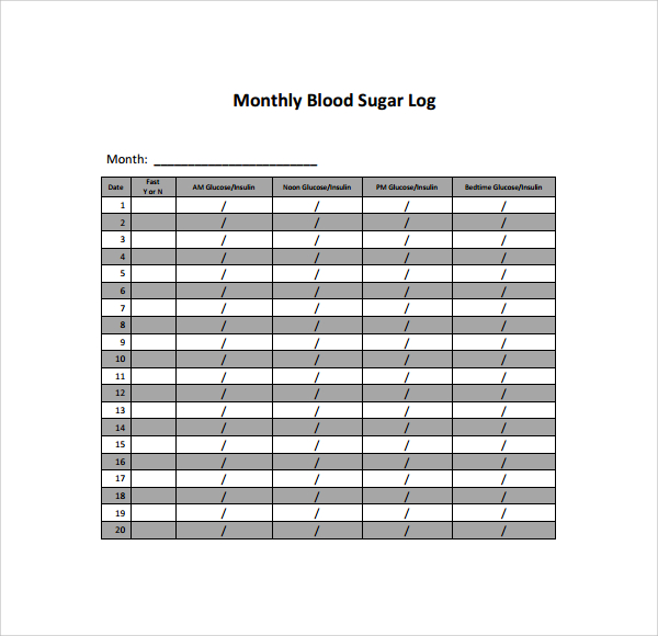 Printable Monthly Blood Sugar Log