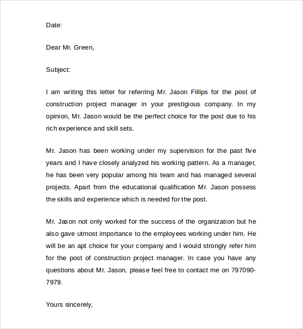 Letter Of Recommendation For Boss Sample | PDF Template