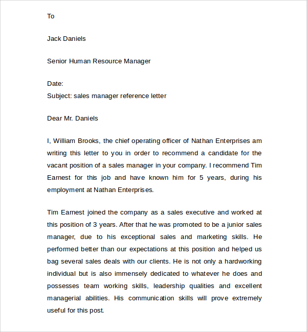 sales manager reference letter