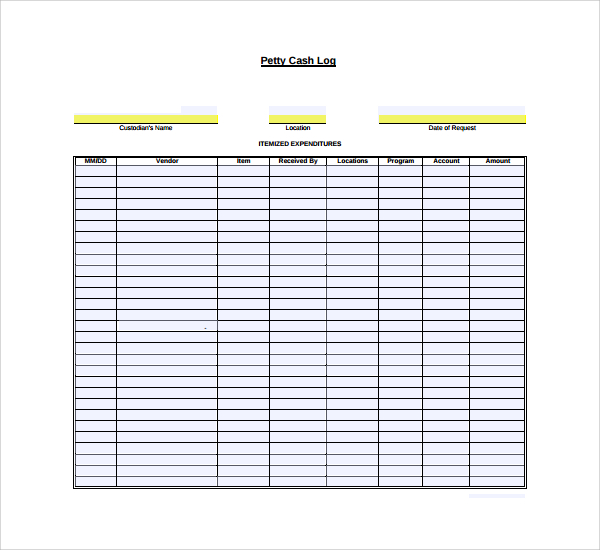 example of petty cash log template