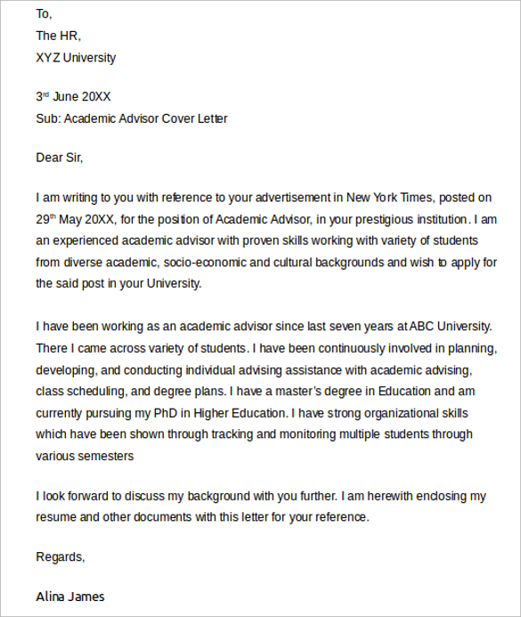 academic advisor cover letter example
