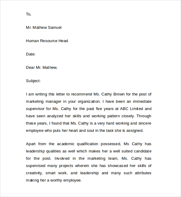 marketing manager reference letter