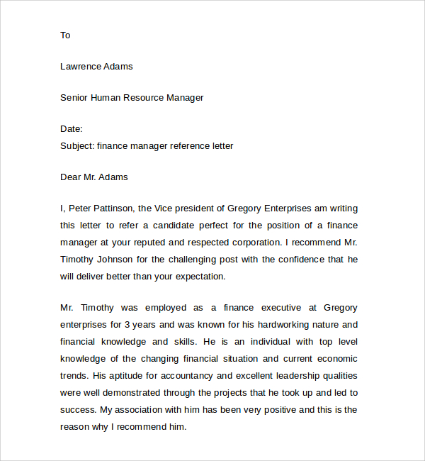 finance manager reference letter