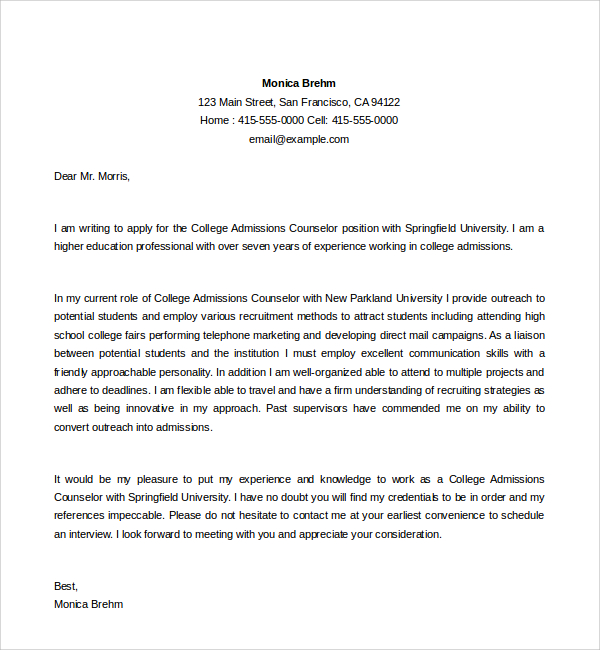 college admissions counselor cover letter