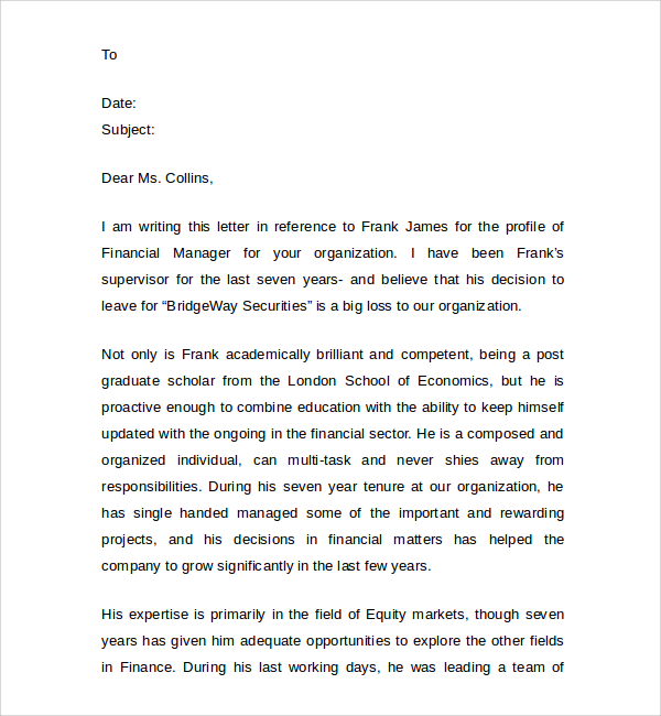 financial manager reference letter