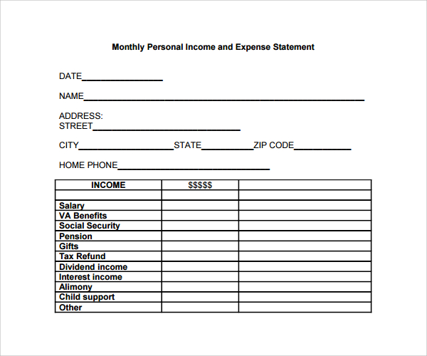 personal income expense statement template