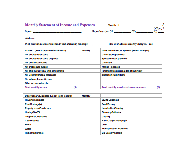 monthly expense statement template