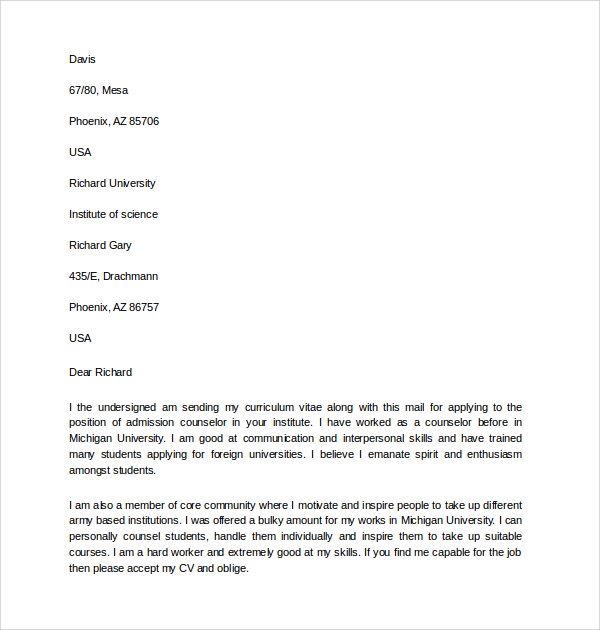 Cover letter for admissions representative position