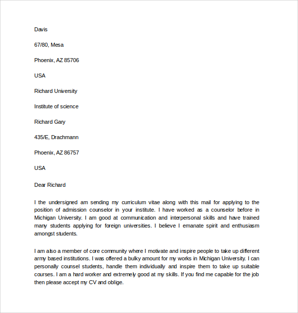 sample cover letter for admissions counselor