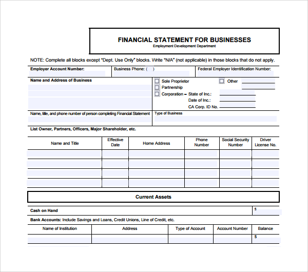 financial business statement template