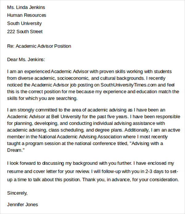 University Academic Advisor Cover Letter