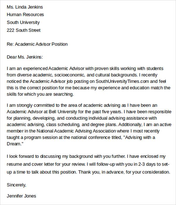 Sample Academic Advisor Cover Letter 9 Free Documents