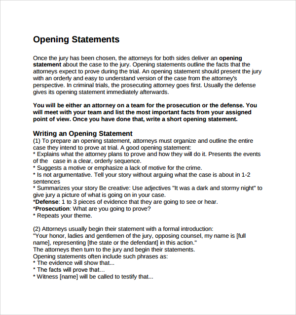FREE 9 Sample Opening Statement Templates In PDF MS Word