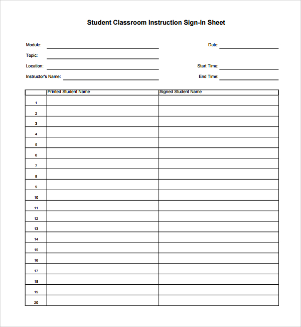 student instruction sign in sheet