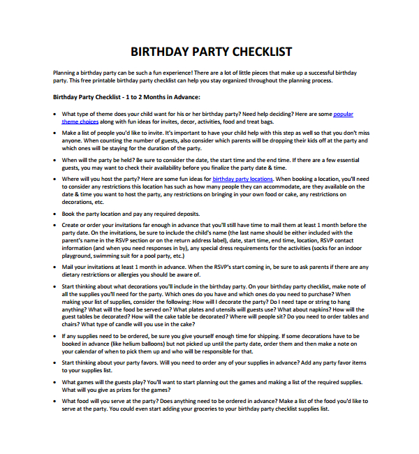 free birthday party checklist template