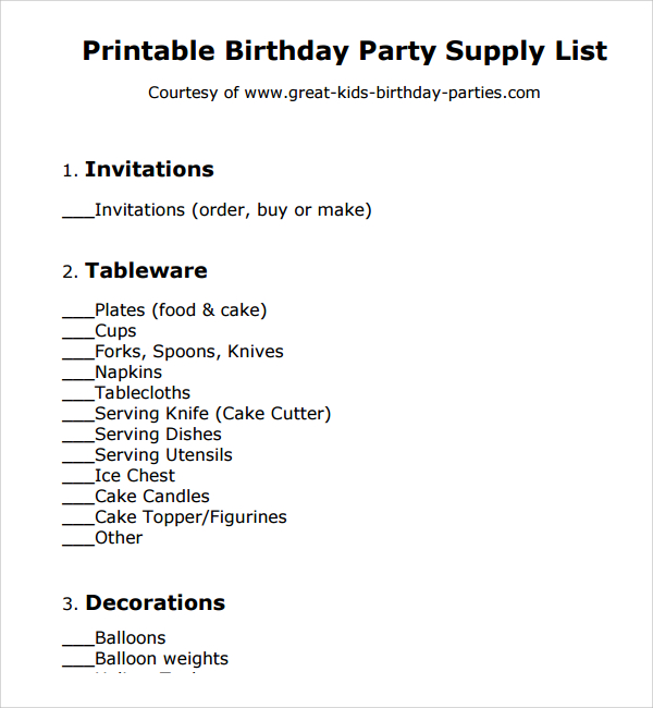 FREE 7+ Sample Birthday Party Checklist Templates in PDF