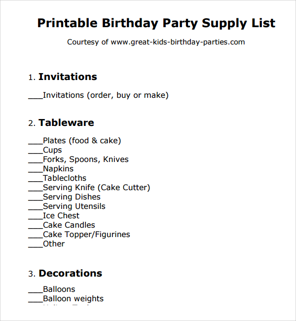 Birthday Party Supplies List Pdf