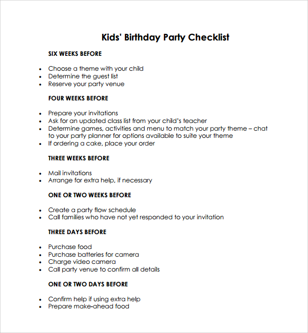 FREE 7+ Sample Birthday Party Checklist Templates in PDF