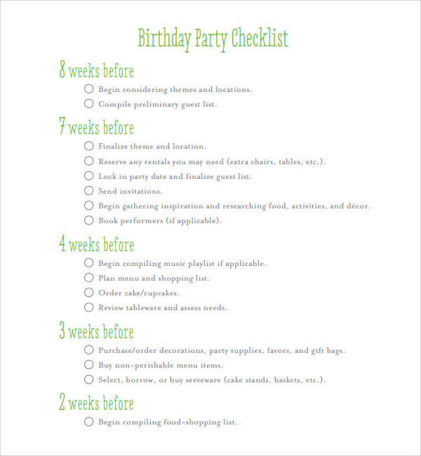 7 Birthday Party Checklist Templates to Download Sample Templates