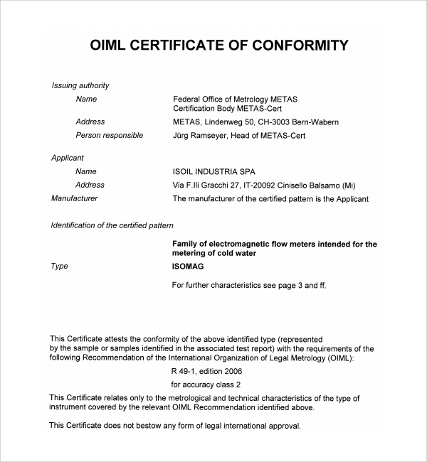 Certificate Of Conformance Template