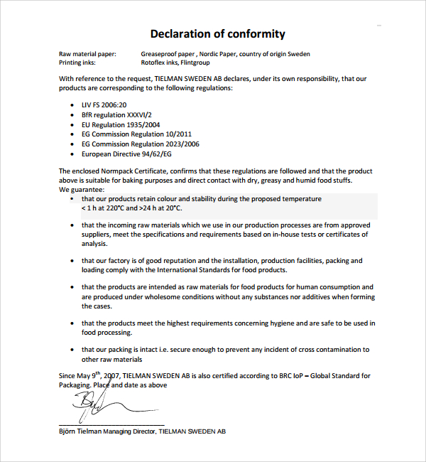 example of conformity certificate