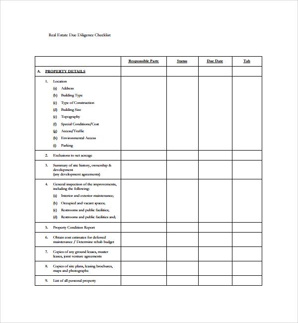 real estate due diligence checklist template