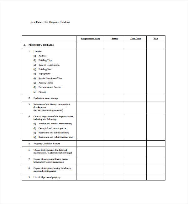 Real Estate Due Diligence Checklist Template