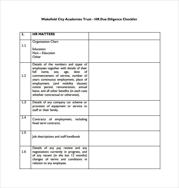 hr due diligence checklist template