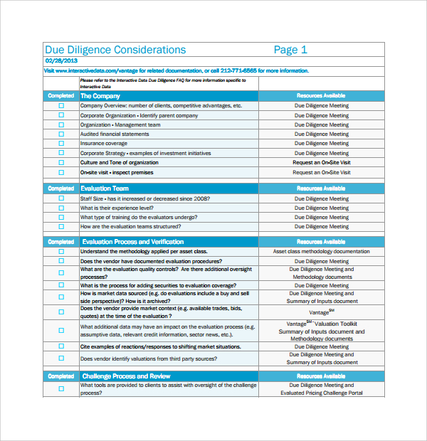 FREE 12  Sample Due Diligence Checklist Templates in PDF MS Word