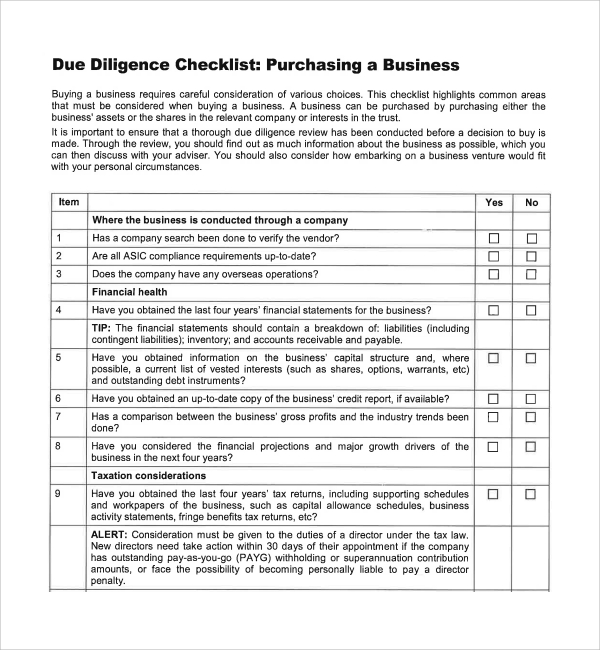 sample due diligence checklist template