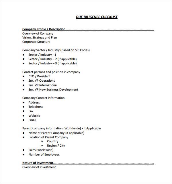 free due diligence checklist template