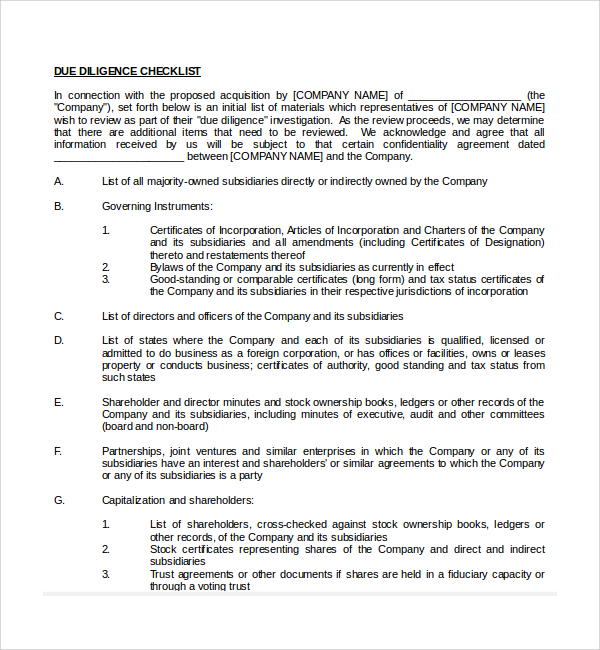 due diligence checklist doc