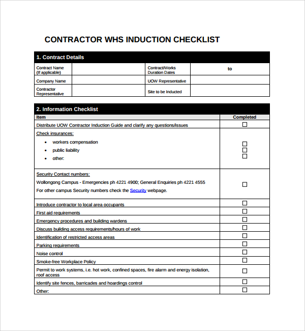 contractor induction checklist template