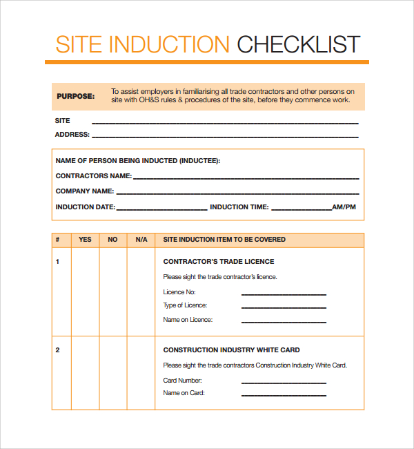 site induction checklist template