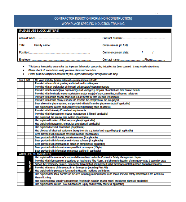 construction induction checklist template