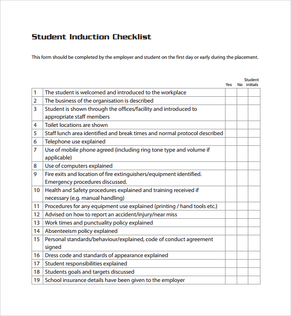 student induction checklist template