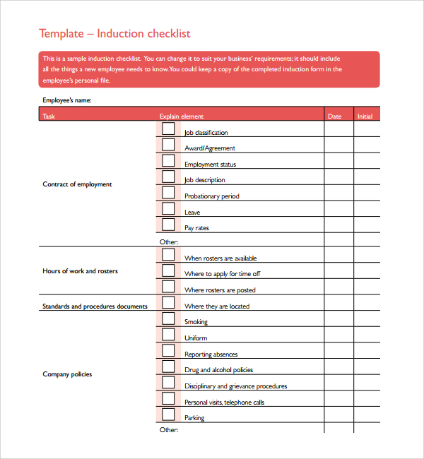 induction checklist template