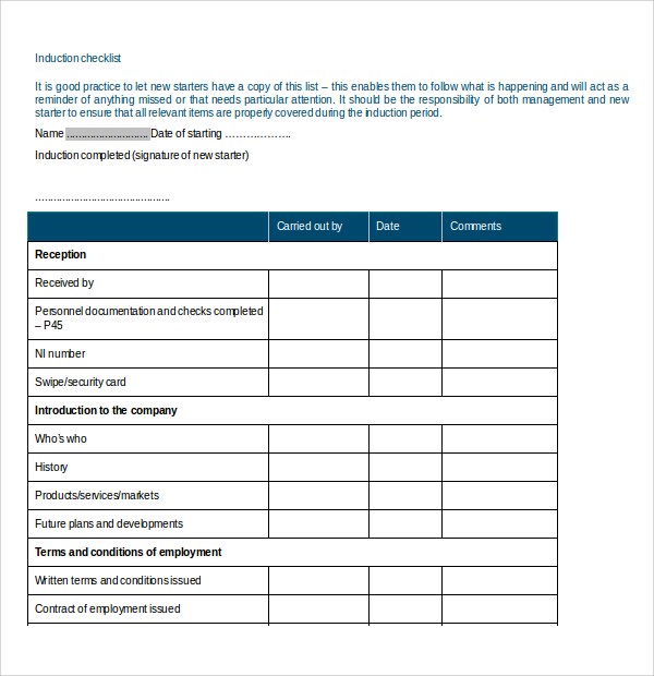 Free 13 Sample Induction Checklist Templates In Pdf Ms Word