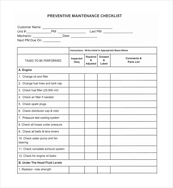 17 Maintenance Checklist Templates Pdf Word Pages